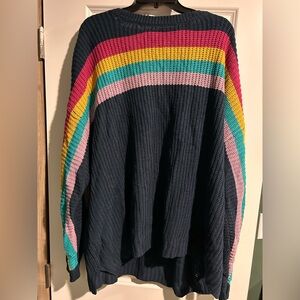 Women’s Size 4X Rainbow knit sweater in navy and multi-coloured hues